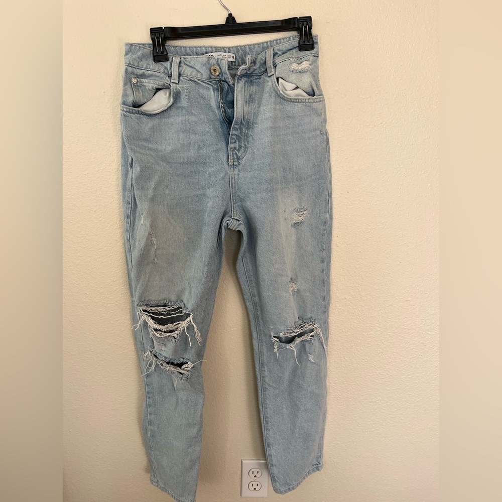 Zara straight leg, distressed acid wash jeans